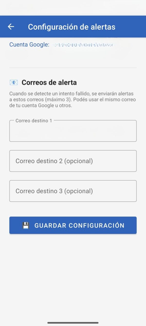 Pantalla de configuración de alertas de SecurityGuard